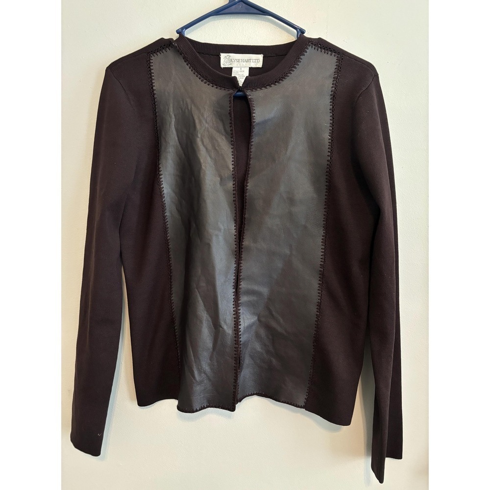 Y2K Preppy Leather Minimalist Silk Chocolate Brown Mocha Grunge Cardigan - Small - Picture 4 of 10